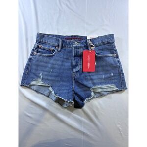 Lucky Brand Mom High Rise Denim Shorts Distressed Blue Button Fly 8/29 7W15972